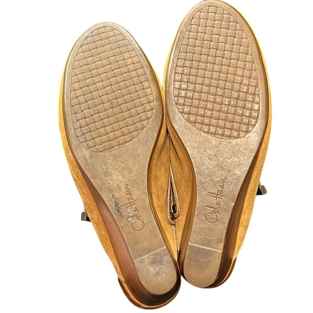 Cole Haan Suede Mules Wood Wedge 3.5" Heel Clogs Slip-Ons Tan Shoes Brazilian‎ - Picture 5 of 8
